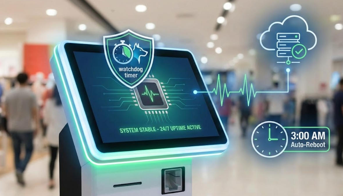 How can self-service kiosks be configured with software mechanisms to prevent system freezes?